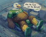  2018 american_football anthro avian barazoku beak belly bird bulge city clothing eagle feathers footwear licking_beak looking_at_viewer male marco muscular nfl nommz philadelphia_eagles post_vore shoes solo speech_bubble sport stadium super_bowl tongue vore 