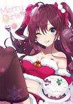 :3 ahoge bangs bare_shoulders bell belt blue_eyes blush breasts brown_gloves brown_hair brown_legwear cake chocolate_cake christmas cleavage collarbone commentary_request earrings elbow_gloves eyelashes food fork fur_trim garter_straps gloves haikimono_shounen hair_between_eyes hair_ribbon ichinose_shiki icing idolmaster idolmaster_cinderella_girls jewelry jingle_bell licking_lips lipstick_mark long_hair looking_at_viewer medium_breasts merry_christmas midriff navel necklace one_eye_closed plate red_ribbon red_skirt ribbon skirt smile snowflakes solo thighhighs tongue tongue_out two_side_up wavy_hair 