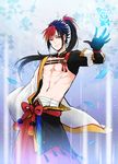  abs artist_name bandages black_hair card chest cowboy_shot flower gloves japanese_clothes male_focus minamoto_no_hiromasa mizuyouhi multicolored_hair navel onmyoji ponytail red_eyes red_hair shirtless solo two-tone_hair 