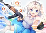  akm armpits assault_rifle blue_eyes camouflage_helmet commentary_request dennou_shoujo_youtuber_shiro finger_on_trigger gun helmet looking_at_viewer nijihashi_sora open_mouth rifle salute shiro_(dennou_shoujo_youtuber_shiro) silver_hair skirt sleeveless smile thighhighs virtual_youtuber weapon 