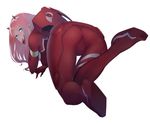  :p all_fours aqua_eyes ass bangs blush bodysuit breasts closed_mouth commentary darling_in_the_franxx eyebrows_visible_through_hair from_behind hairband highres horns long_hair looking_at_viewer looking_back medium_breasts pilot_suit pink_hair red_bodysuit shiny shiny_hair simple_background skin_tight solo tongue tongue_out trefoil ttc white_background white_hairband zero_two_(darling_in_the_franxx) 