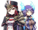  breasts closed_eyes collarbone fire gloves hat kagutsuchi_(xenoblade) long_hair meleph_(xenoblade) military military_hat military_uniform multiple_girls nke_toumi pauldrons purple_hair reverse_trap simple_background smile uniform xenoblade_(series) xenoblade_2 