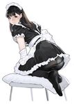  apron ass bangs black_dress blue_panties blunt_bangs blush brown_eyes brown_hair cushion dress elbow_gloves eyebrows_visible_through_hair feet frilled_dress frilled_sleeves frills from_side full_body gloves highres kneeling leaning_forward lips long_hair looking_at_viewer looking_to_the_side maid maid_headdress no_shoes original panties panties_under_pantyhose pantyhose pantyshot pantyshot_(kneeling) puffy_short_sleeves puffy_sleeves short_sleeves solo stool straight_hair underwear upskirt white_apron white_gloves yomu_(sgt_epper) 