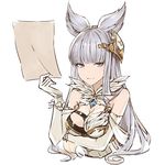  animal_ears asymmetrical_clothes bangs bare_shoulders blue_eyes blunt_bangs breasts cleavage commentary_request dress elbow_gloves erune feathers gloves granblue_fantasy haikimono_shounen hair_ornament hand_up jewelry korwa large_breasts long_hair looking_at_viewer paper pendant silver_hair simple_background smile solo upper_body white_background white_dress white_gloves 