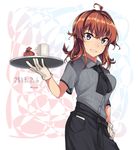  ahoge alternate_costume alternate_eye_color arashi_(kantai_collection) bangs black_neckwear black_skirt blush collared_shirt commentary_request crossed_bangs cup dated eyebrows_visible_through_hair gift gloves hair_between_eyes hand_on_hip holding holding_tray jouhou kantai_collection messy_hair mug name_tag neckerchief notepad parted_lips pen pocket purple_eyes red_hair shirt sidelocks skirt smile solo striped striped_shirt tray twitter_username white_gloves 