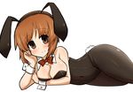  absurdres animal_ears black_legwear black_leotard bow bowtie breast_rest breasts brown_eyes brown_hair bunny_ears bunny_tail bunnysuit chin_rest cleavage closed_mouth covered_navel detached_collar eyebrows_visible_through_hair fake_animal_ears fake_tail girls_und_panzer highres kumo_(atm) leotard looking_at_viewer lying medium_breasts nishizumi_miho on_side pantyhose red_neckwear simple_background smile solo strapless strapless_leotard tail thighs white_background white_collar wrist_cuffs 