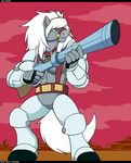  2018 anthro bravestarr clothed clothing cybernetics cyborg desert droll3 equine gun hair holding_object holding_weapon horse machine male mammal muscular muscular_male outside ranged_weapon rifle sara_jane thirty_thirty weapon white_hair 