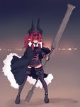  2016 absurd_res amber_eyes big_horns black_clothing blush boots breasts cape clothing demon female footwear hair headband hi_res holding_object holding_weapon horn humanoid large_weapon legwear long_hair looking_at_viewer melee_weapon messy_hair miniskirt not_furry pointy_ears simple_background skirt solo standing sub-res thigh_high_boots weapon 