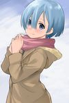  blue_eyes blue_hair coat commentary looking_at_viewer matsuse_daichi re:zero_kara_hajimeru_isekai_seikatsu rem_(re:zero) scarf smile solo 