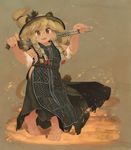 :d absurdres alternate_costume animal_ears arm_strap armlet armpits arms_up barefoot bell_(hellchan3) black_dress blonde_hair braid brown_eyes brown_hat commentary_request dress ears_through_headwear extra_ears eyebrows_visible_through_hair fang full_body hat highres holding holding_sword holding_weapon kemono_friends lion_(kemono_friends) lion_ears lion_tail long_hair looking_at_viewer midriff open_mouth over_shoulder sand sheath sheathed side_cutout sleeveless smile solo standing sword tail toes traditional_clothes twin_braids weapon weapon_over_shoulder wind 