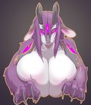  anthro big_breasts breasts burquina claws female hair horn huge_breasts hybrid lagomorph long_claws looking_at_viewer mammal monster nipples rabbit simple_background solo third_eye 