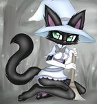  2018 anthro anthrofied armwear barefoot black_fur bow_tie breasts broom cat clothing digital_media_(artwork) elbow_gloves feline female fur gloves grey_background hollyleaf_(warriors) magical_girl_outfit mammal outside simple_background solo spritermx warriors_(cats) 
