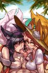  2girls ahri animal_ears areola_slip areolae bare_shoulders bbc-chan black_hair breasts crossover fate/grand_order fate_(series) fellatio ffm_threesome fox_ears fox_tail group_sex hat highres kumiho large_breasts league_of_legends looking_at_viewer multiple_fellatio multiple_girls oral penis pink_hair pov saliva straw_hat sun_hat tail tamamo_(fate)_(all) tamamo_no_mae_(swimsuit_lancer)_(fate) threesome tongue tongue_out uncensored 