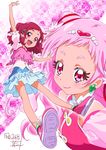  2girls :d arm_up bare_legs blue_skirt blush cure_yell dual_persona earrings eyelashes flower hair_bun hair_flower hair_ornament hairclip heart heart_hair_ornament highres hugtto!_precure jewelry legs long_hair looking_at_viewer magical_girl multiple_girls nii_manabu nono_hana official_style open_mouth pink pink_background pink_eyes pink_footwear pink_hair pink_shirt precure red_ribbon ribbon shirt shoes short_hair signature skirt smile 