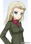  artist_name blonde_hair blue_eyes breasts clara_(girls_und_panzer) flipper girls_und_panzer green_jacket hand_on_hip jacket long_hair medium_breasts military military_uniform pravda_school_uniform red_shirt shirt smile solo uniform upper_body 