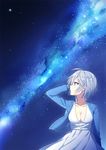  anastasia_(idolmaster) blue_eyes blue_jacket breasts cleavage collarbone commentary dress earrings eyelashes haikimono_shounen hand_in_hair idolmaster idolmaster_cinderella_girls jacket jewelry looking_up medium_breasts necklace night night_sky open_clothes open_jacket short_hair silver_hair sky solo star_(sky) starry_sky white_dress 