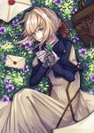  amoi blonde_hair blue_eyes braid brown_gloves dress envelope from_above gloves gloves_removed looking_at_viewer lying mechanical_hands on_side solo violet_evergarden violet_evergarden_(character) 