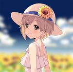  aiba_yumi bangs bare_shoulders blue_sky blurry blurry_background blush character_name cloud day depth_of_field dress eyebrows_visible_through_hair field flower flower_field from_side hat hat_flower idolmaster idolmaster_cinderella_girls kirarin369 looking_at_viewer looking_to_the_side red_eyes short_hair sky sleeveless sleeveless_dress solo sun_hat sunflower tan tareme white_dress white_hat yellow_flower 