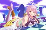  angel_wings arm_tattoo ass breasts chess_piece commentary_request crop_top cross feathered_wings gloves gradient_hair grin halo jibril_(no_game_no_life) large_breasts long_hair looking_at_viewer low_wings lying magic_circle midriff mismatched_legwear multicolored_hair no_game_no_life on_stomach pink_hair queen_(chess) sideboob skyrail smile solo symbol-shaped_pupils tattoo teeth the_pose very_long_hair white_wings wing_ears wings yellow_eyes 