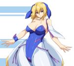 1girl animal_ears bare_shoulders blonde_hair blue_leotard bnc_(bunshi) breasts bunny_ears cleavage fake_animal_ears gundam gundam_seed gundam_seed_destiny large_breasts leotard looking_at_viewer pantyhose parted_lips purple_eyes shiny shiny_clothes shiny_hair shiny_skin short_hair simple_background skirt solo standing stellar_loussier strapless strapless_leotard white_background 