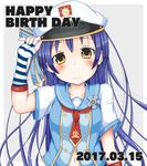  bad_id bad_pixiv_id bangs birthday blue_hair blush character_name commentary_request dated dress eyebrows_visible_through_hair fingerless_gloves gloves hair_between_eyes hand_on_headwear happy_birthday hat highres long_hair love_live! love_live!_school_idol_festival love_live!_school_idol_project navel neckerchief nit. sailor_collar sailor_dress simple_background smile solo sonoda_umi striped striped_gloves upper_body yellow_eyes 