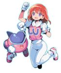  :d arm_up bangs breasts clenched_hands commentary_request dot_nose feet_up full_body gloves hand_up happy jumping long_hair looking_at_viewer medium_breasts open_mouth pants pastel_(twinbee) pink_shirt puffy_short_sleeves puffy_sleeves purple_eyes raised_eyebrows red_hair robot shirt shoes short_sleeves shunin simple_background smile sneakers twinbee white_background white_footwear white_gloves white_pants winbee 