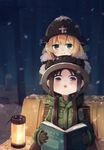  :o black_hair blonde_hair blue_eyes book brodie_helmet chito_(shoujo_shuumatsu_ryokou) coat dianche_miao_(18826) fur_trim gloves green_eyes helmet highres kettenkrad lamp long_hair military military_uniform multiple_girls open_mouth shoujo_shuumatsu_ryokou smile snow uniform yuuri_(shoujo_shuumatsu_ryokou) 