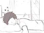  climbing comic commentary crescent_moon curtains faceless faceless_male greenteaneko greyscale highres indoors lamp lying monochrome moon on_bed on_stomach original pillow shirt short_sleeves silent_comic sketch sky sleeping solo_focus star_(sky) starry_sky window zzz 