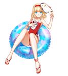  absurdres anklet blonde_hair blue_eyes blue_innertube bracelet casual_one-piece_swimsuit cellphone closers fan full_body hairband highres holding holding_cellphone holding_fan holding_phone innertube jewelry looking_at_viewer official_art one-piece_swimsuit phone red_star_alliance red_swimsuit sandals seulbi_lee smile solo swimsuit transparent_background 