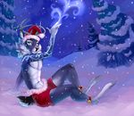  2017 5_fingers anthro antlers bell black_nose black_tail blue_eyes blue_fur cervine christmas deer demicoeur digital_media_(artwork) eyebrows festive forest frost_(cinderfrost) fur grey_fur hat holidays hooves horn looking_at_viewer male mammal multicolored_fur night nipples pine_tree pinup pose santa_hat smile snow snowing solo tree two_tone_fur white_fur white_tail winter 