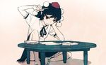  barefoot black_hair chin_rest frown hat meimaru_inuchiyo neck_ribbon paper pencil pointy_ears pom_pom_(clothes) red_eyes ribbon shameimaru_aya short_hair sitting skirt solo table tokin_hat touhou 