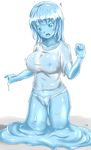  blue_eyes blue_skin breasts cameltoe commentary_request ftt goo_girl highres large_breasts monster_girl monsterification nipples open_mouth original panties see-through shirt short_sleeves shorts solo surprised t-shirt underwear 