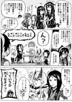  6+girls :3 adjusting_eyewear admiral_(kantai_collection) ahoge anger_vein battleship_hime bodysuit boots bowl breast_pocket breasts bruise chair chopsticks cleavage comic commentary_request dual_persona eating folding_chair forehead_protector glasses greyscale hachimaki hairband hatsushimo_(kantai_collection) headband heavy_cruiser_hime highres hisamura_natsuki holding hood hooded_jacket horns injury jacket jintsuu_(kantai_collection) jumpsuit kantai_collection long_hair monochrome multiple_girls munmu-san necktie necktie_on_head ooyodo_(kantai_collection) pleated_skirt pocket remodel_(kantai_collection) ru-class_battleship school_uniform serafuku shinkaisei-kan short_hair_with_long_locks sitting skirt smile steam table torn_clothes translated visible_air wo-class_aircraft_carrier 