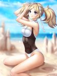  arms_up bangs bare_arms bare_shoulders beach blonde_hair blue_eyes blue_sky blush breasts casual_one-piece_swimsuit closed_mouth corset day eyebrows_visible_through_hair feet_out_of_frame fire_emblem fire_emblem:_kakusei frilled_swimsuit frills gigamessy groin hairdressing halterneck lens_flare liz_(fire_emblem) looking_up ocean on_ground one-piece_swimsuit outdoors parted_bangs sand sand_castle sand_sculpture shore sitting sky small_breasts smile solo swimsuit thighs twintails wariza white_swimsuit 