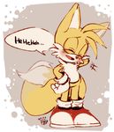  anthro black_nose blush canine clothing dipstick_tail english_text footwear fox fur gloves hanybe male mammal miles_prower multicolored_tail solo sonic_(series) text video_games white_fur yellow_fur 