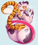  2017 amber_eyes anthro big_butt bovine breasts butt buxbi buxbi_(character) cattle clothed clothing costume dairy_air dessert digital_media_(artwork) feline female food hair hat holding_food holding_object ice_cream licking long_hair looking_back mammal pink_nose simple_background solo stripes tiger tongue tongue_out white_hair 
