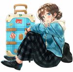  backpack bag bangs black_footwear black_pants blue_eyes blue_jacket brown_hair casual closed_mouth eyebrows_visible_through_hair from_side full_body hand_on_own_arm hood hood_down jacket kinugasa_yuuichi knees_up lips long_sleeves looking_at_viewer looking_to_the_side no_socks open_clothes open_jacket original pants plaid plaid_pants rolling_suitcase shiny shiny_hair shoes short_hair simple_background sitting smile solo tareme unbuttoned white_background 