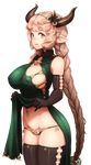  bangs barbariank braid breasts brown_gloves brown_legwear carmelina_(granblue_fantasy) china_dress chinese_clothes commentary covered_nipples cowboy_shot draph dress dress_lift eyebrows_visible_through_hair gloves granblue_fantasy green_dress green_eyes hair_ornament horns large_breasts light_brown_hair long_hair looking_at_viewer lowleg lowleg_panties navel open_mouth panties pointy_ears side-tie_panties side_slit solo standing thighhighs transparent_background twin_braids twintails underwear very_long_hair 