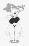  2018 anthro big_breasts black_and_white blush breast_expansion breasts cat clothed clothing digital_media_(artwork) english_text feline female graffiti growth jessica_(teamhedge) magic mammal monochrome nipple_bulge nipples panties partially_clothed shirt simple_background smutbunny solo tank_top text thick_thighs underwear voluptuous white_background wide_hips 