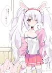  animal_ears azur_lane bangs bare_shoulders blush bunny_ears camisole closed_mouth collarbone commentary_request eyebrows_visible_through_hair fur-trimmed_jacket fur_trim hair_between_eyes hairband hand_up highres holding holding_stuffed_animal indoors jacket laffey_(azur_lane) long_hair long_sleeves looking_at_viewer mitoko_(kuma) off_shoulder one_eye_closed open_clothes open_jacket pink_jacket pleated_skirt red_eyes red_hairband red_skirt sidelocks silver_hair sketch skirt sleeves_past_fingers sleeves_past_wrists solo speech_bubble stuffed_animal stuffed_bunny stuffed_toy thighhighs translation_request twintails twitter_username very_long_hair white_camisole white_legwear 