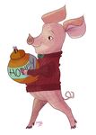 anthro bottomless bow_tie clothed clothing cloven_hooves disney featureless_crotch holding_object honey hooves male mammal pig piglet pink_body porcine pottery reimena side_view simple_background smile solo sweater walking white_background winnie_the_pooh_(franchise) 