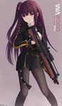  blush bullpup character_name eyebrows_visible_through_hair feet_out_of_frame girls_frontline gloves gun highres keenh long_hair looking_to_the_side one_side_up pantyhose purple_hair red_eyes rifle scope simple_background sniper_rifle solo trigger_discipline wa2000_(girls_frontline) walther walther_wa_2000 weapon 