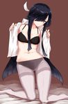  black_bra black_hair black_panties blush bra breasts brown_eyes closed_mouth collared_shirt crotch_seam front-seamed_legwear hair_over_one_eye hair_ribbon hayashimo_(kantai_collection) kantai_collection kneeling long_hair looking_at_viewer medium_breasts on_bed open_clothes open_shirt panties panties_under_pantyhose pantyhose poco_(backboa) ribbon seamed_legwear see-through shirt smile solo thighband_pantyhose underwear undressing very_long_hair white_legwear white_shirt 