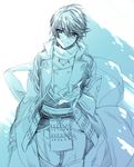 armor blue double-breasted horikawa_kunihiro japanese_armor kiwame_(touken_ranbu) kusazuri long_coat male_focus monochrome muku_(pixiv3207772) scarf solo touken_ranbu 