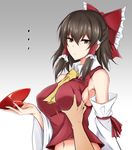  1girl ascot bare_shoulders bow breast_grab breasts brown_eyes brown_hair commentary_request cup detached_sleeves eyebrows_visible_through_hair frills grabbing gradient gradient_background grey_background hair_between_eyes hair_bow hair_tubes hakurei_reimu highres holding holding_cup large_breasts long_sleeves looking_at_viewer medium_hair navel parted_lips piro_(iiiiiiiiii) red_bow sakazuki sidelocks solo_focus touhou upper_body white_background wide_sleeves yellow_neckwear 