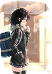  adjusting_scarf bag black_hair coat commentary_request hair_ornament hairpin hand_in_pocket long_hair looking_away miko_fly original pleated_skirt scarf school_bag school_uniform silver_eyes skirt smile solo thighhighs winter_clothes winter_coat zettai_ryouiki 
