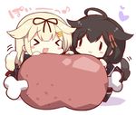  &gt;_&lt; :3 :d black_hair blonde_hair blush_stickers boned_meat bow braid chibi commentary_request food hair_bow hair_flaps hair_ornament hair_ribbon hairclip kantai_collection long_hair looking_at_viewer meat meat_day multiple_girls open_mouth pleated_skirt remodel_(kantai_collection) ribbon school_uniform serafuku shigure_(kantai_collection) simple_background single_braid skirt smile translation_request watanon_(gakushokutei) xd yuudachi_(kantai_collection) 