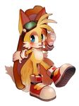  anthro black_nose blue_eyes blush canine clothing dipstick_tail eyewear footwear fox fur gloves goggles hanybe hi_res male mammal miles_prower multicolored_tail solo sonic_(series) video_games white_fur yellow_fur 
