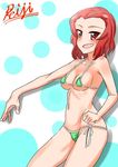  1girl arm_up bare_shoulders bikini blush breasts collarbone girls_und_panzer hand_on_hip legs looking_at_viewer md5_mismatch navel open_mouth red_eyes red_hair rosehip solo standing swimsuit torso 