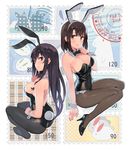  2girls :o animal_ears bangs bare_shoulders black_hair black_legwear black_leotard blush breasts brown_eyes brown_hair bunny bunny_ears bunny_tail bunnysuit cleavage closed_mouth commentary_request ddal detached_collar eyebrows_visible_through_hair fake_animal_ears fake_tail frill_trim full_body high_heels highres kasumigaoka_utaha katou_megumi large_breasts legs_together leotard long_hair looking_at_viewer looking_back multiple_girls open_mouth pantyhose purple_hair red_eyes saenai_heroine_no_sodatekata short_hair sidelocks sitting smile snow_bunny stamp tail 